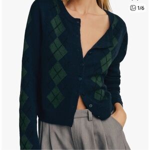 Reformation Clara Cashmere Cardigan - New with tags - Navy Argyle